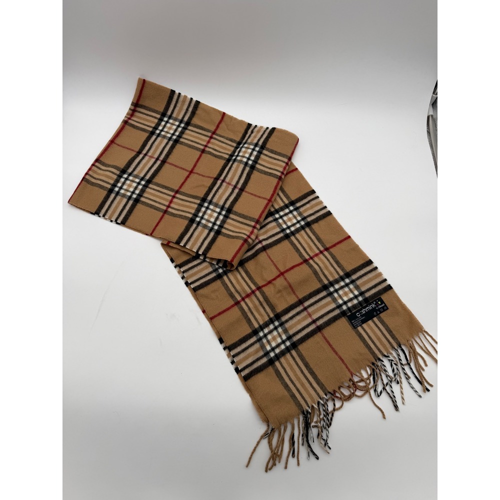 V. Fraas Cashmink Plaid Scarf Tan Black Red Made in Germany Acrylic Fringe
